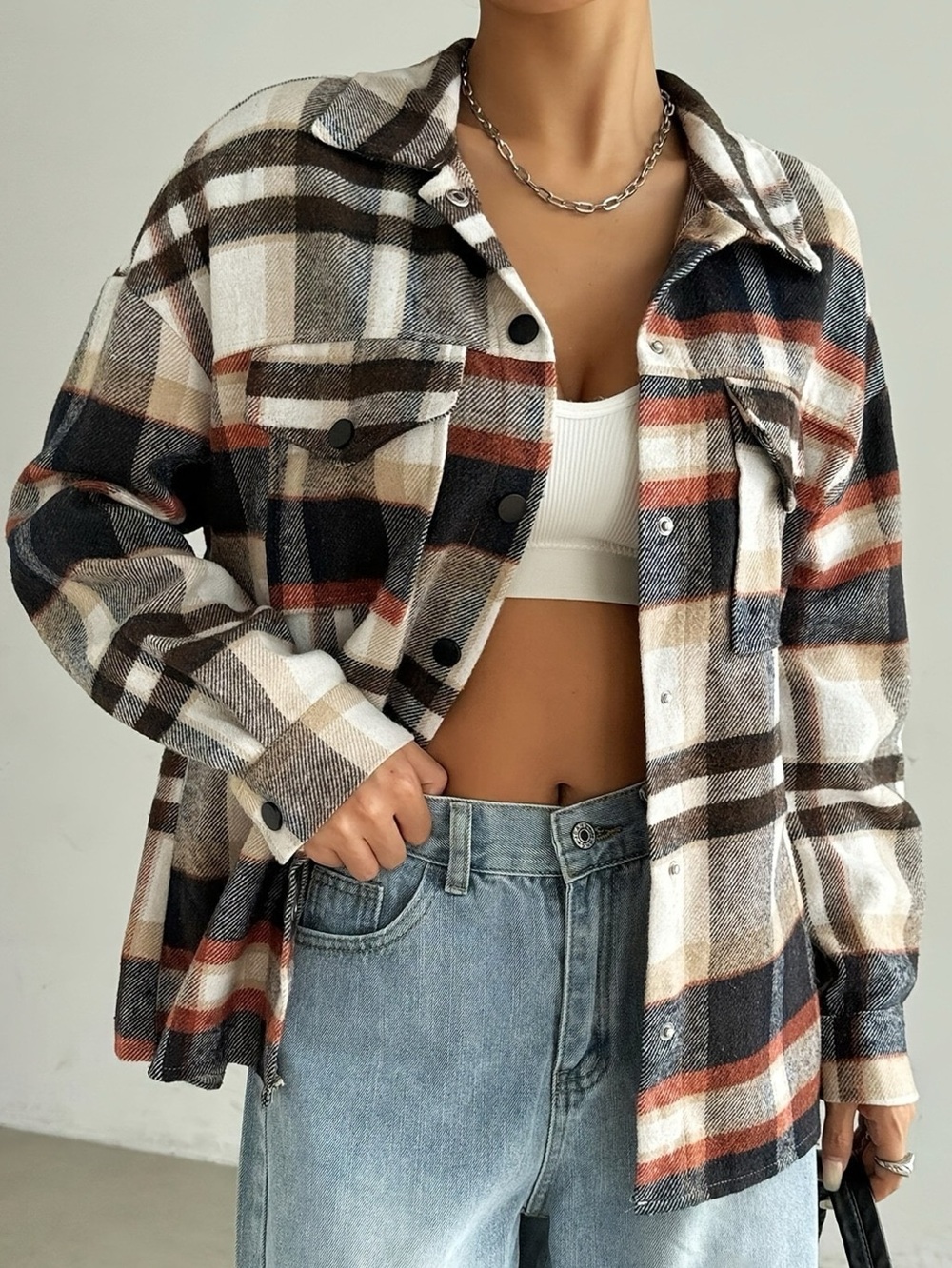 💖 Relaxed Fit Plaid Snap Down Shirt Shacket Jacket in Cream, Brown & Black